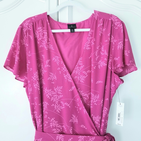 Worthington Pink Floral Flutter Sleeve Flowy Hi Low Wrap Dress Womens XXL NWT - Picture 3 of 9